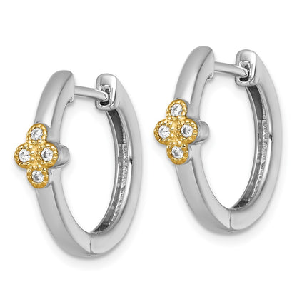 Sterling Silver Rhodium-plated with 14k Accent Polished CZ Hinged Hoop Earrings