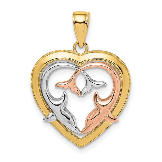 14k Two-tone Gold White Rhodium Dolphins In Heart Frame Charm Pendant