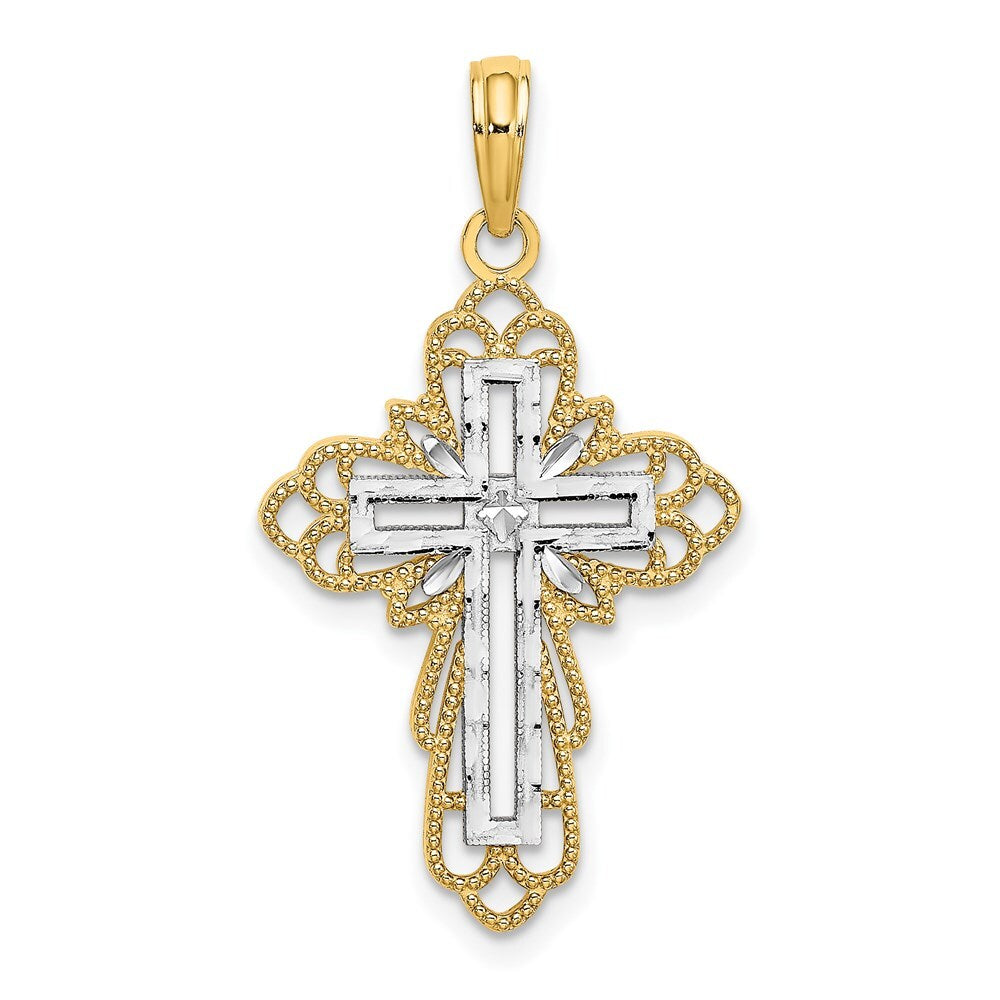 14k Yellow Gold  Rhodium Lace Trim Cross Charm Pendant for Women