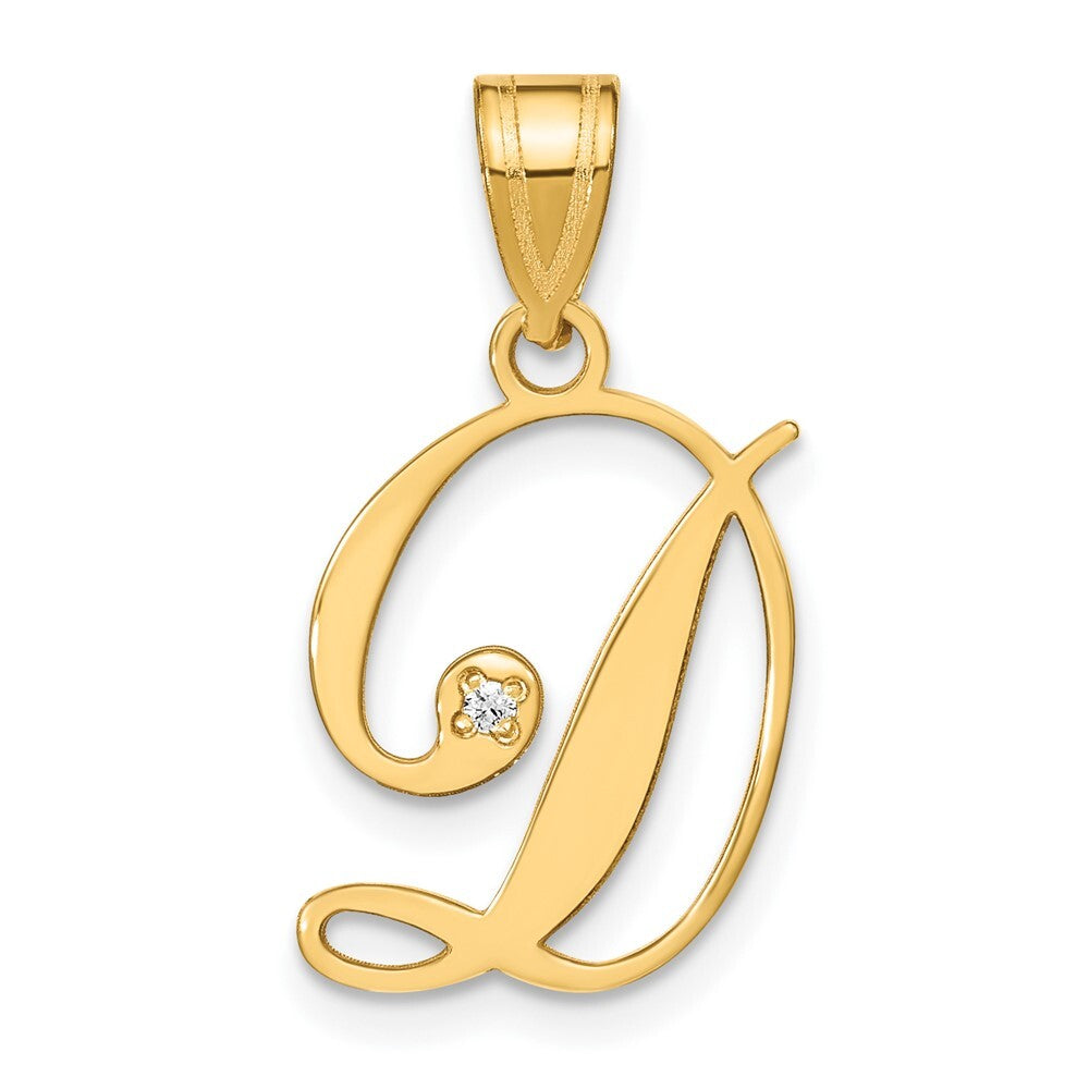 14k Yellow Gold Script Letter D Initial Pendant with Diamond for Women