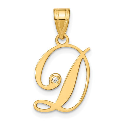 14k Yellow Gold Script Letter D Initial Pendant with Diamond for Women