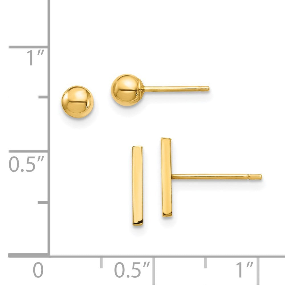 14k Yellow Gold Bar and 3mm Ball Earrings Set