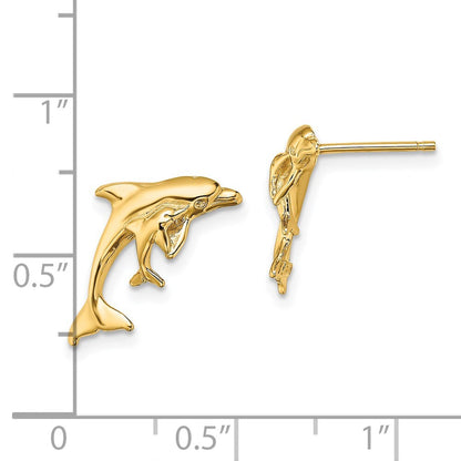 14k Yellow Gold Polished Dolphin and Baby Stud Earrings Gift for Women