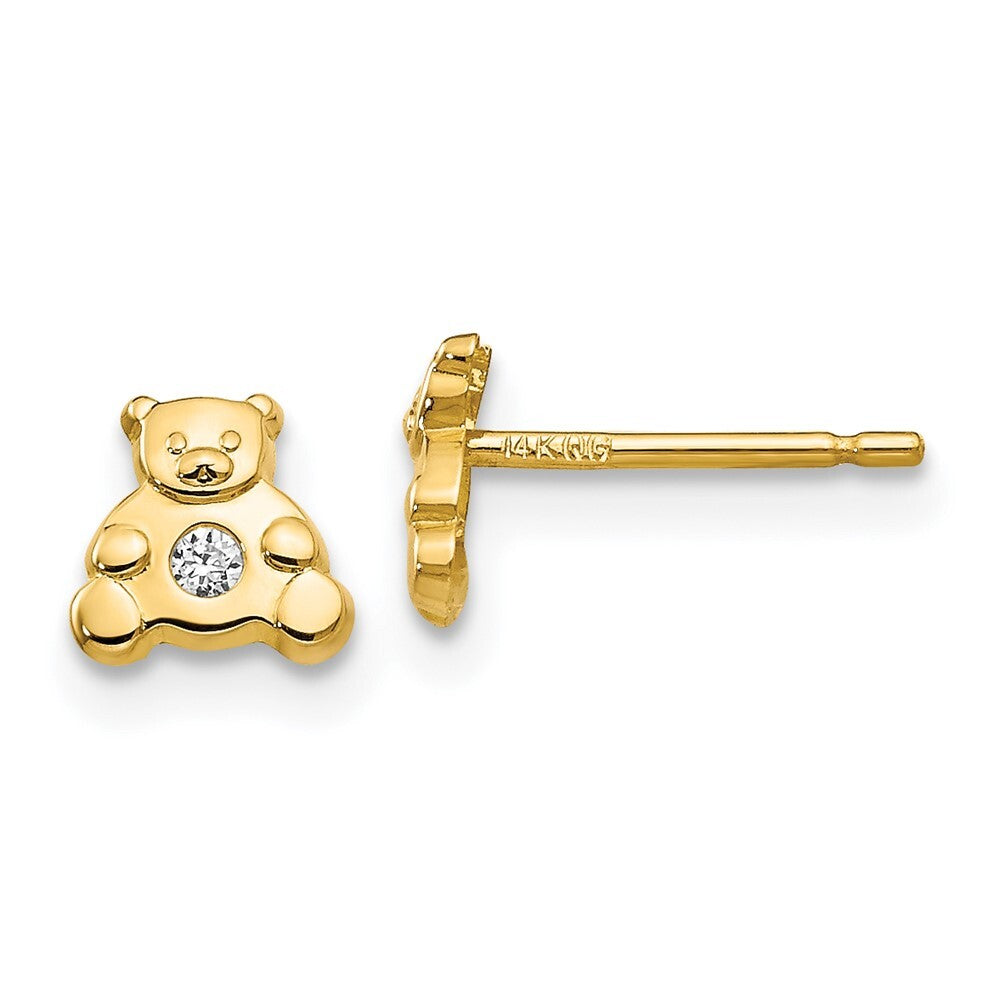 14k Yellow Gold Bear with Cubic Zirconia Stud Earrings Gift for Women
