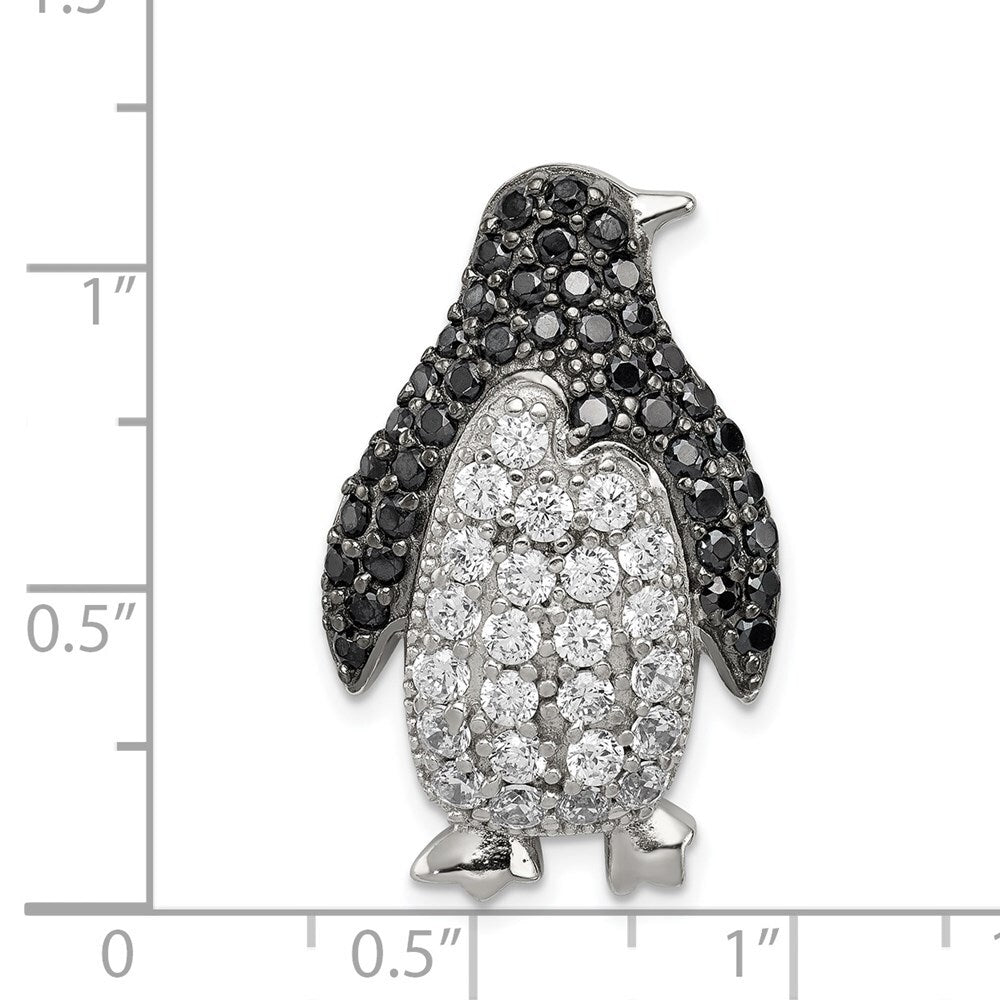 Sterling Silver Rhodium-plated Black & White Cubic Zirconia Penguin Chain Slide