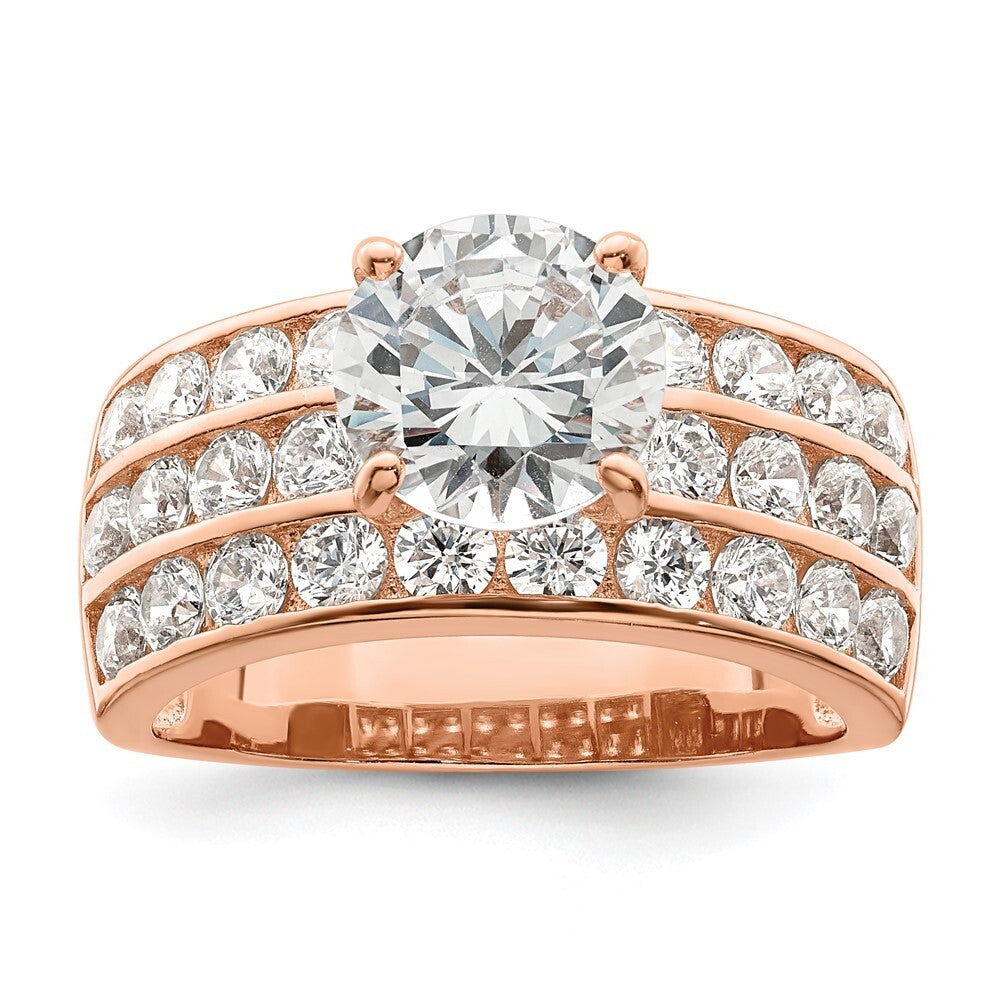 Sterling Silver Polished Rose-tone 3 Row CZ Ring Size 7