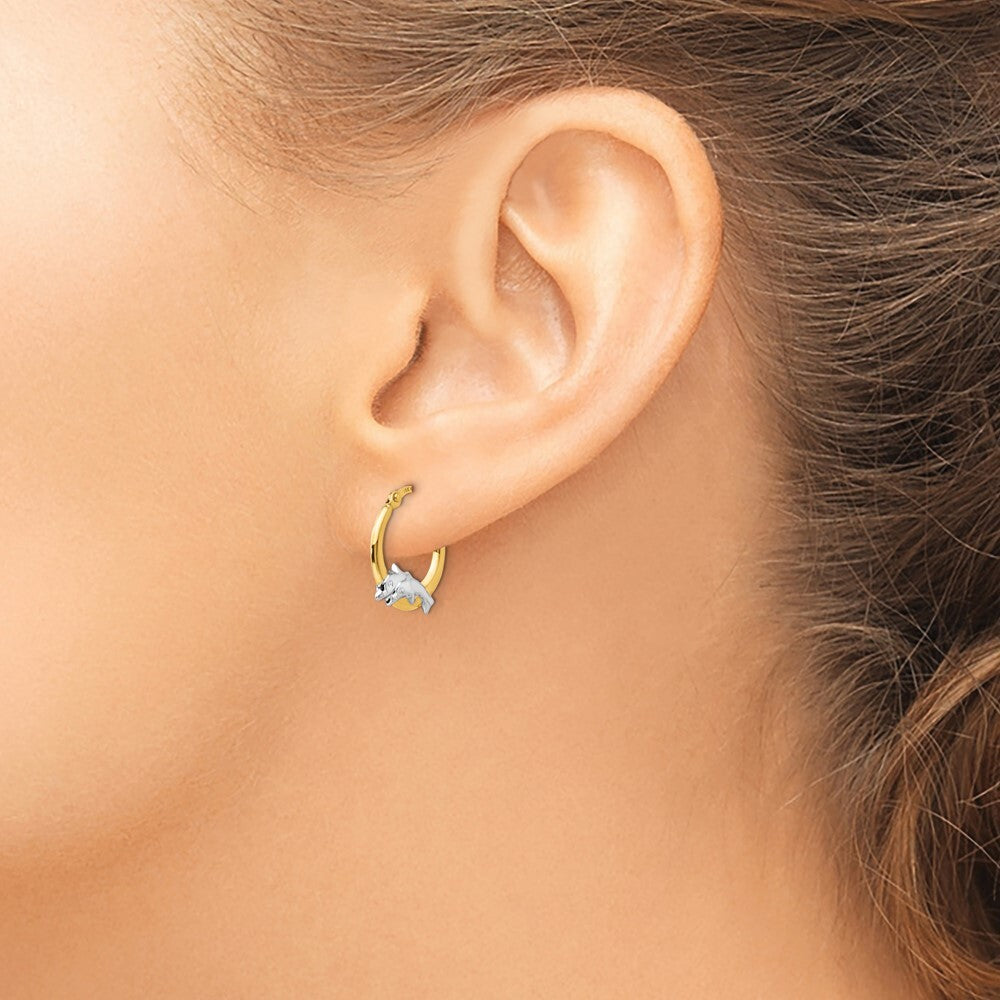 14k Yellow Gold Rhodium Dolphin Hoop Earrings Gift for Women