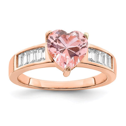 Sterling Silver Rose-plated Crystal Heart and Cubic Zirconia Baguette Ring SZ 8