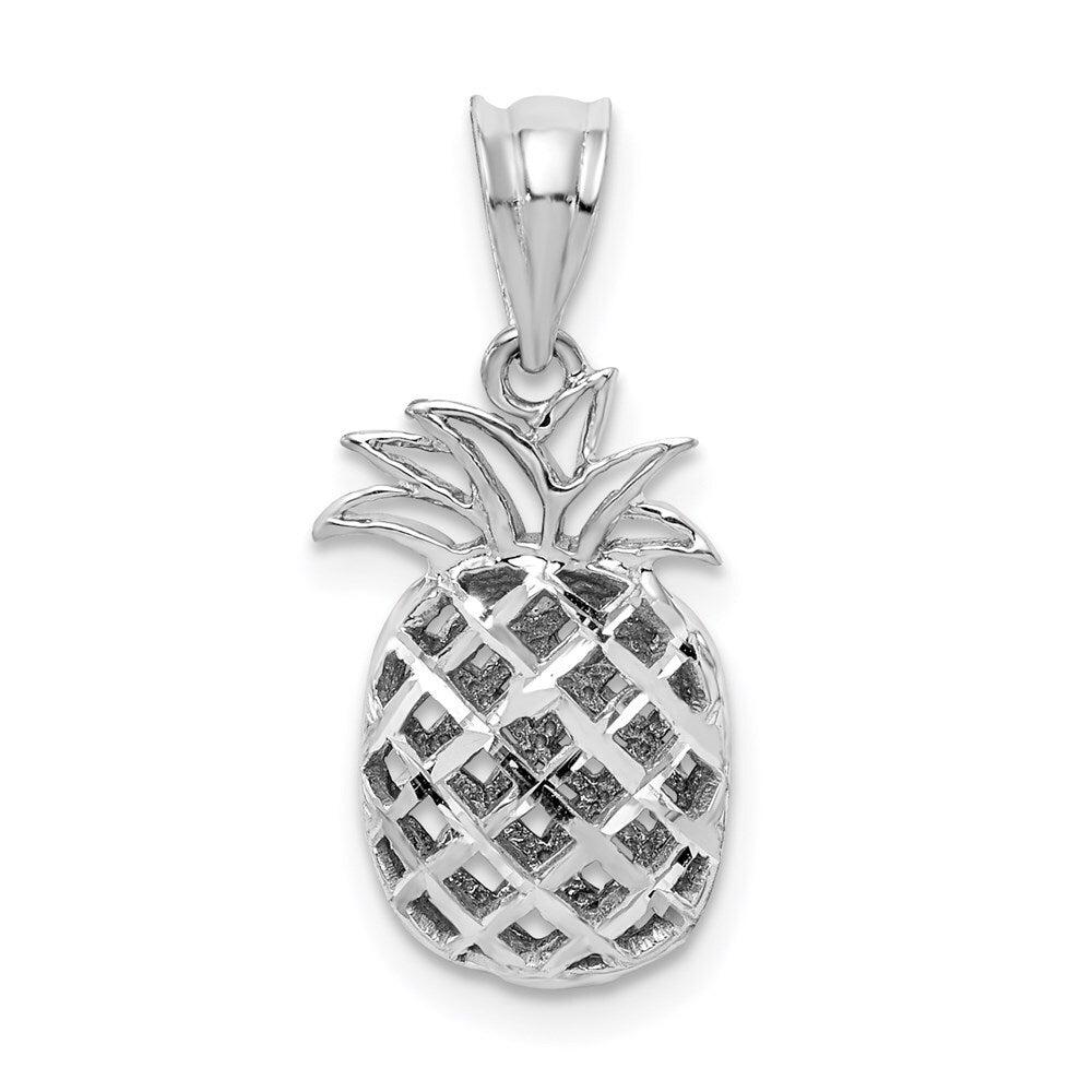 14k White Gold White Polished & Diamond-cut 3D Pineapple Pendant for Women