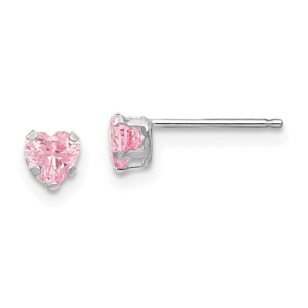 14k White Gold 4mm Pink Cubic Zirconia Heart Stud Earrings Gift for Women