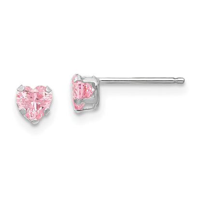 14k White Gold 4mm Pink Cubic Zirconia Heart Stud Earrings Gift for Women