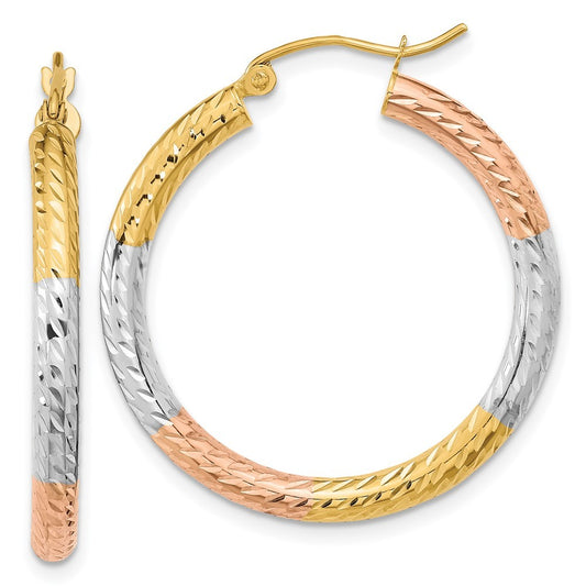 14k Yellow Gold w/White and Rose Rhodium Polished Diamond-cut Hoop Earrings