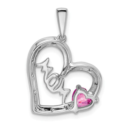 14k White Gold Pink Sapphire and Diamond MOM Heart Pendant for Women