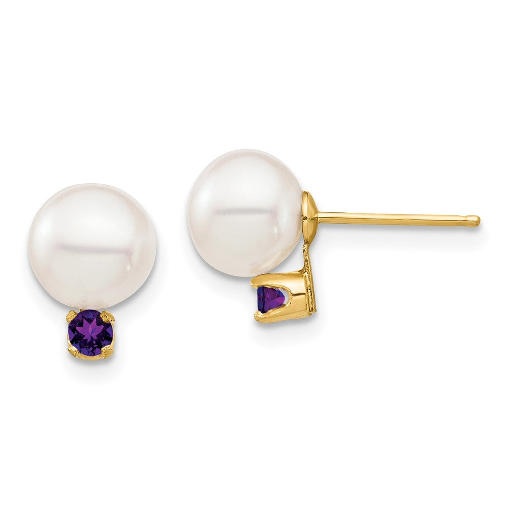 14k Yellow Gold 7-7.5mm Cultured Pearl & Amethyst Stud Earrings for Women