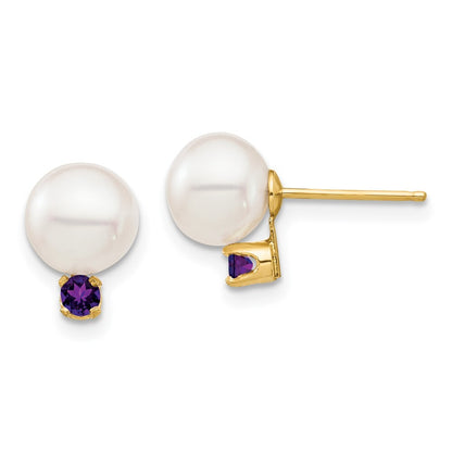 14k Yellow Gold 7-7.5mm Cultured Pearl & Amethyst Stud Earrings for Women