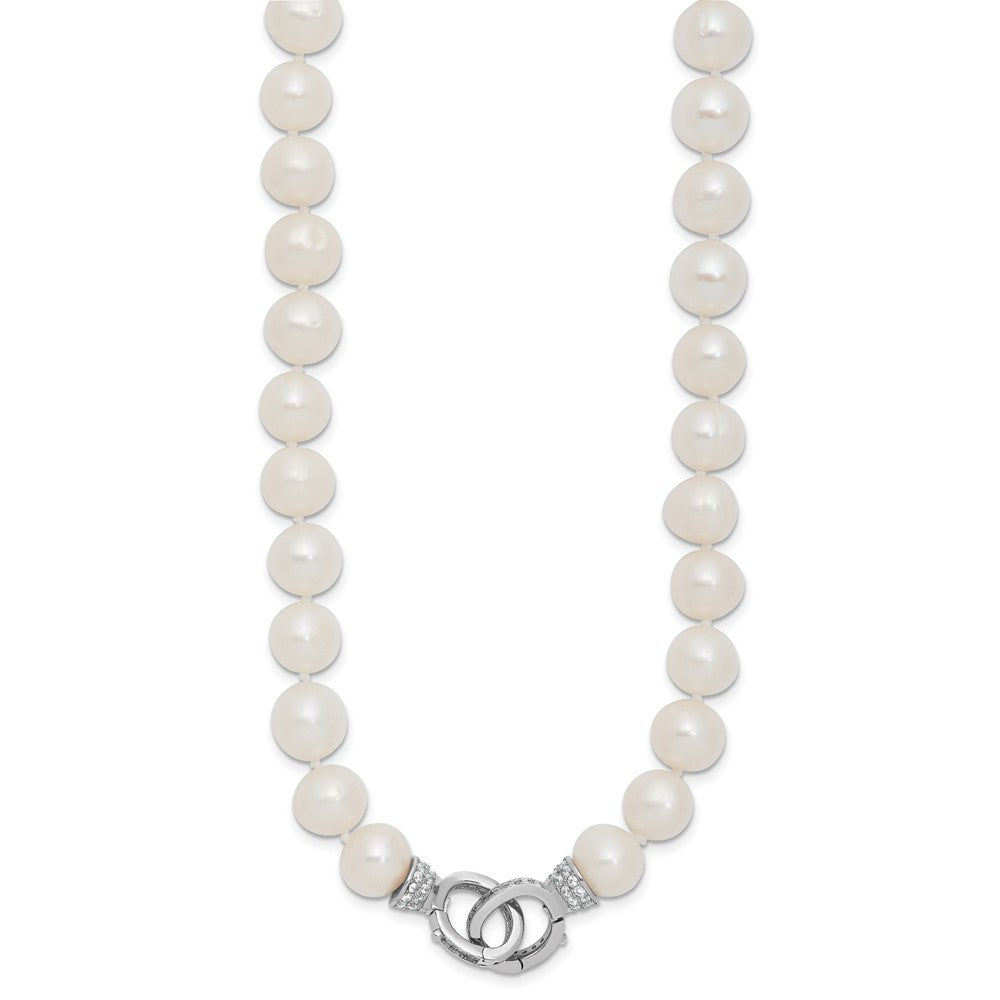 Sterling Silver 9-10mm White Cultured Pearl and CZ Clasp Adjustable Necklace 18"