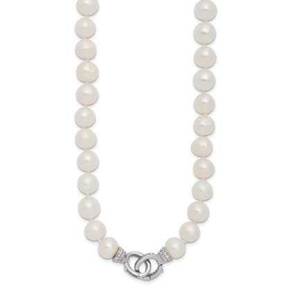 Sterling Silver 9-10mm White Cultured Pearl and CZ Clasp Adjustable Necklace 18"