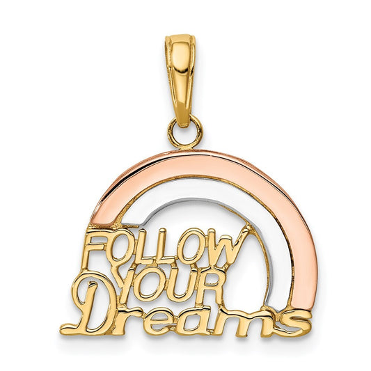 14k Two-tone Gold White Rhod FOLLOW YOUR DREAMS Rainbow Charm Pendant