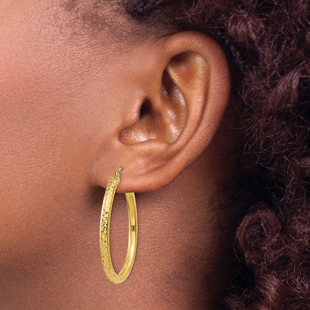 14k Yellow Gold Diamond-cut 3mm Round Hoop Earrings