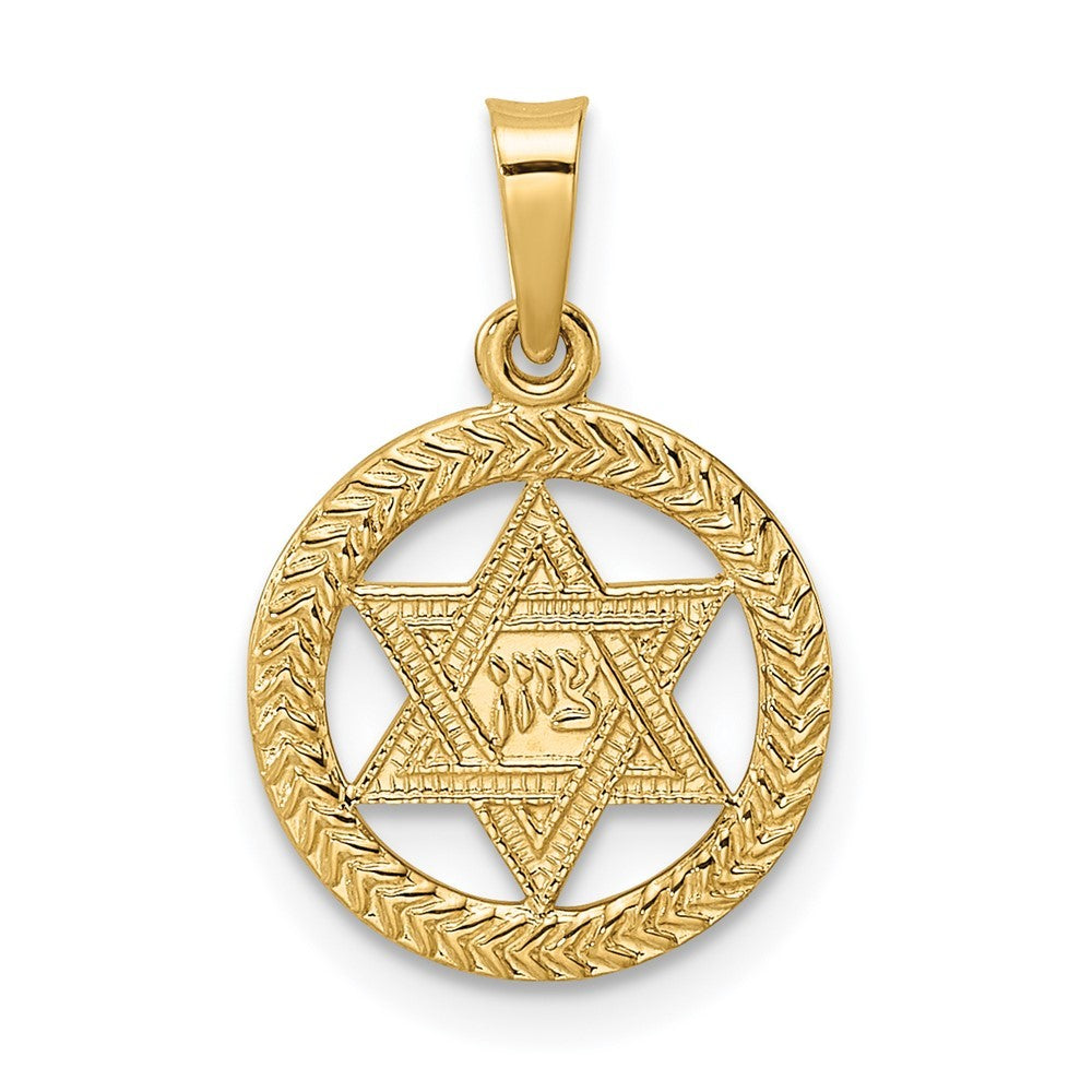 14k Yellow Gold Polished and Textured Solid Star of David in Frame Pendant