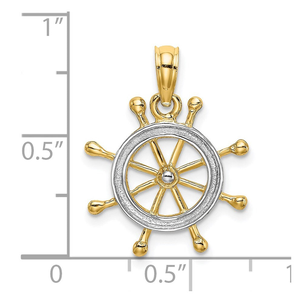 14k Yellow Gold  Rhodium 2-D Ship Wheel Charm Pendant for Women
