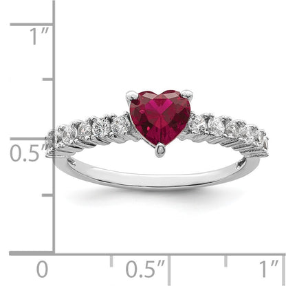 Sterling Silver Polished Rhodium-plated Created Ruby and CZ Heart Ring Size 6