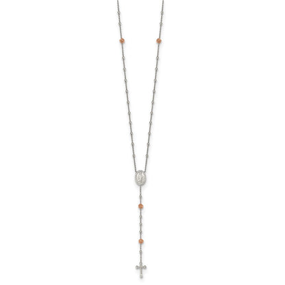Sterling Silver RH-plated Beaded w/Rose-tone Roses Rosary 21in Necklace