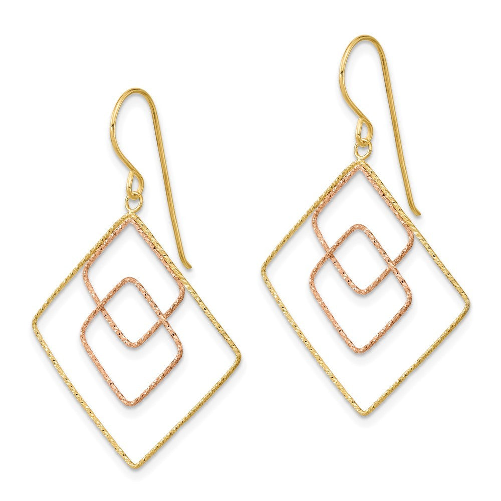 14k Two-tone Diamond-cut Graduated Square Drop Dangle Earrings w/ Shepherd Hook