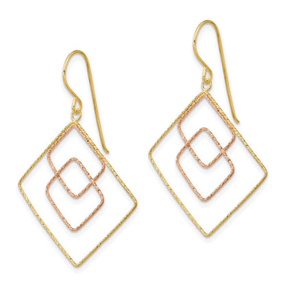 14k Two-tone Diamond-cut Graduated Square Drop Dangle Earrings w/ Shepherd Hook