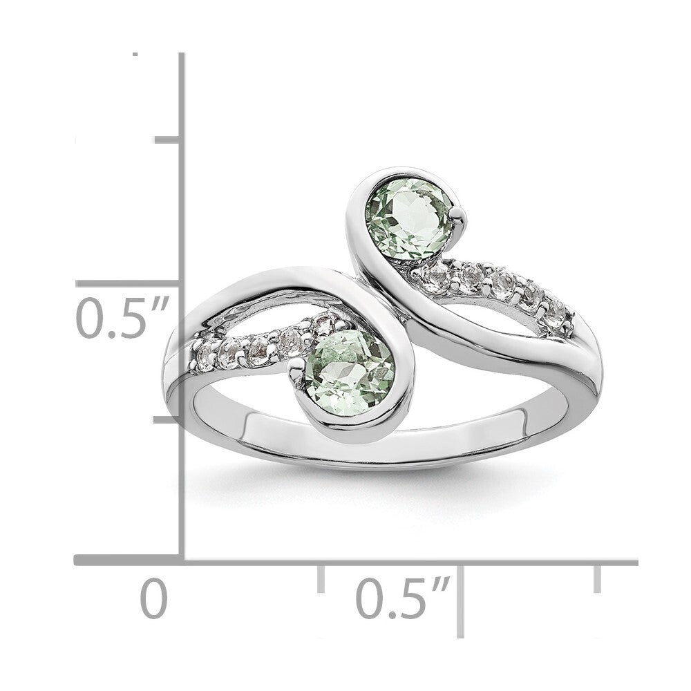 SS Rhod-plated .6t.w. Green Quartz & White Topaz Swirl Ring Size 6