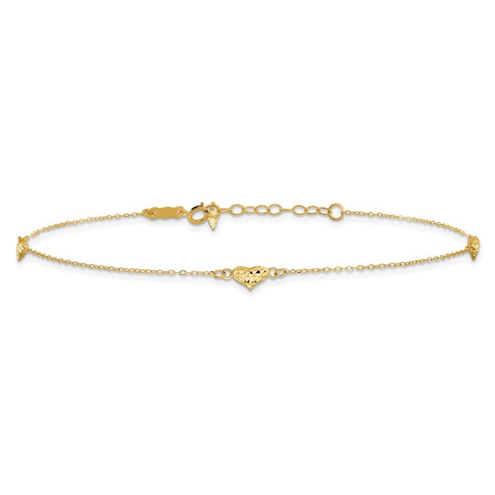14k Yellow Gold Polished Diamond-cut Triple Puffed Hearts 10" Anklet