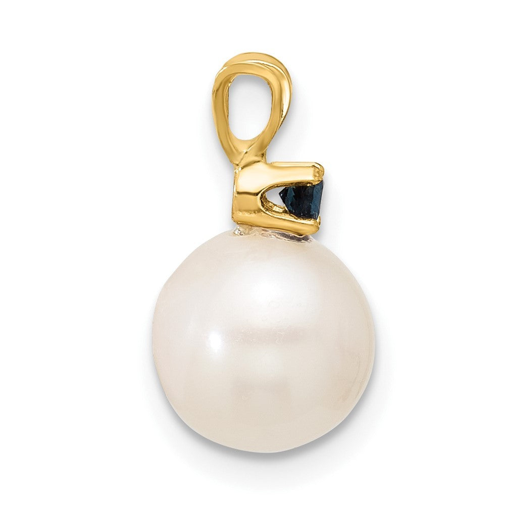 14k Yellow Gold 8mm Round Freshwater Cultured Pearl & Sapphire Pendant