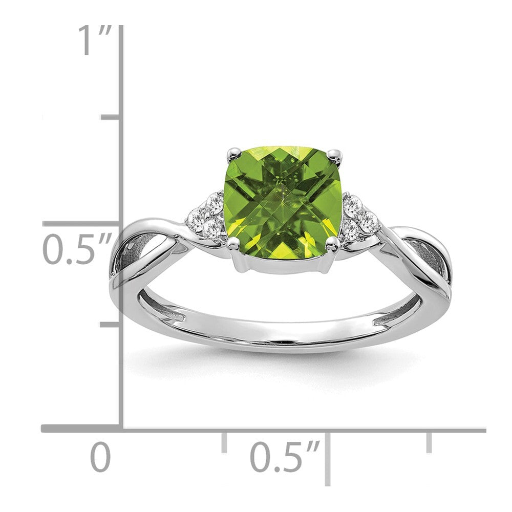 14K White Gold Checkerboard Peridot and Diamond Ring Size 7