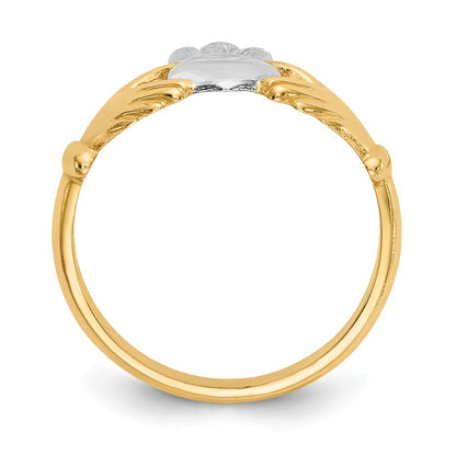 14k Yellow Gold Polished and Rhodium Claddagh Ring