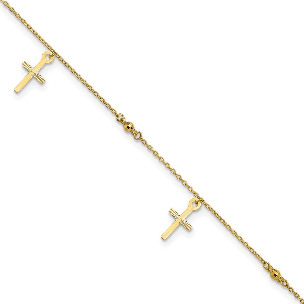 14k Yellow Gold Diamond-cut 3 Cross Dangles and Beads 10" Anklet