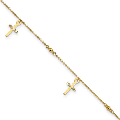 14k Yellow Gold Diamond-cut 3 Cross Dangles and Beads 10" Anklet