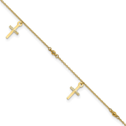 14k Yellow Gold Diamond-cut 3 Cross Dangles and Beads 10" Anklet