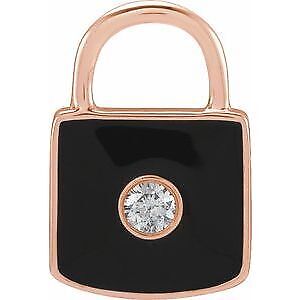 14k Rose Gold .035 CT Natural Diamond & Black Enamel Lock Pendant Charm