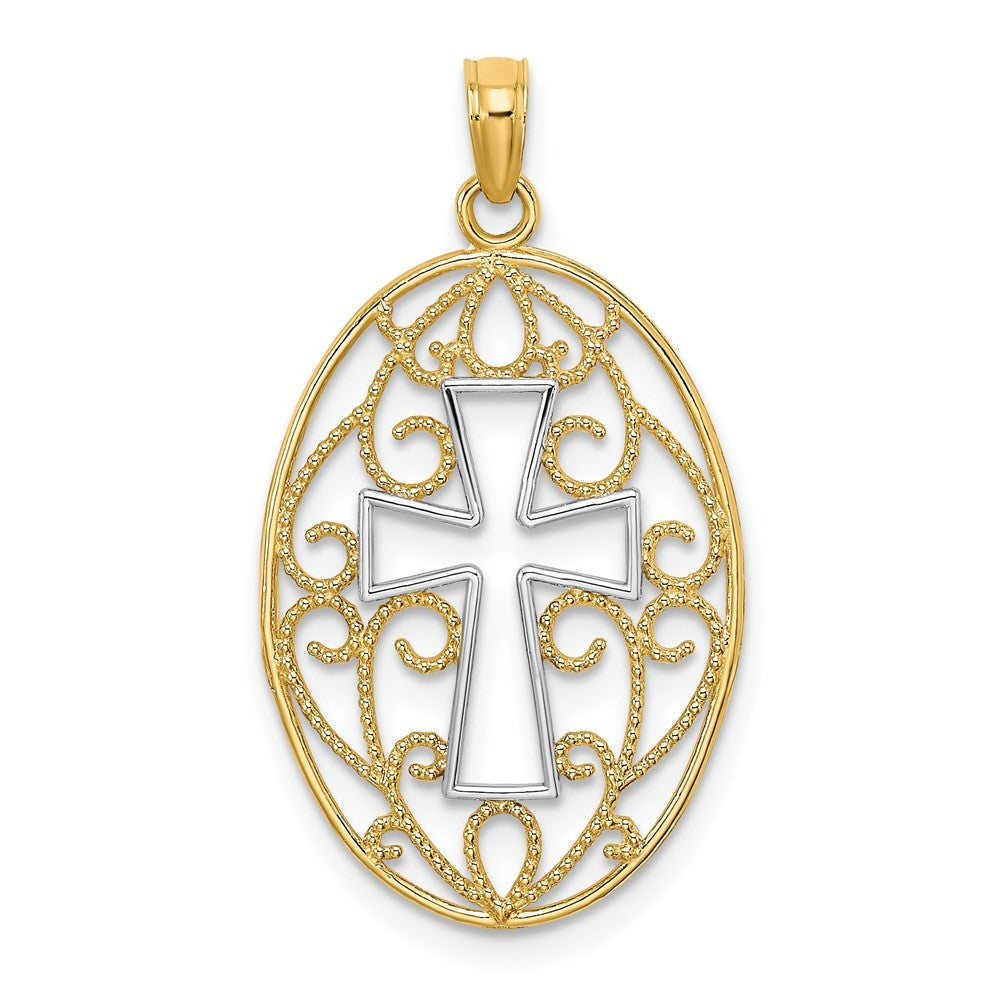 14k Yellow Gold w Rhodium Beaded Filigree Cross Charm