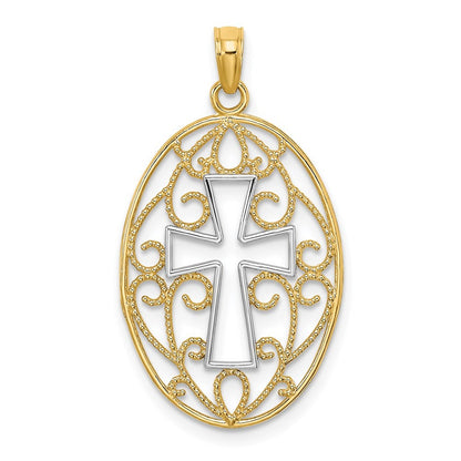 14k Yellow Gold w Rhodium Beaded Filigree Cross Charm