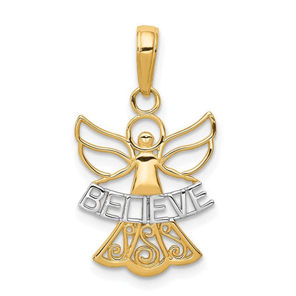 14k Yellow Gold Rhodium BELIEVE Angel Pendant for Women