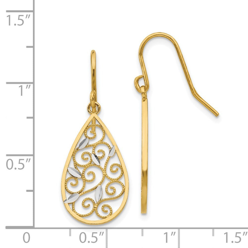 14k Yellow Gold White Rhodium Diamond-cut Filigree Teardrop Wire Earrings