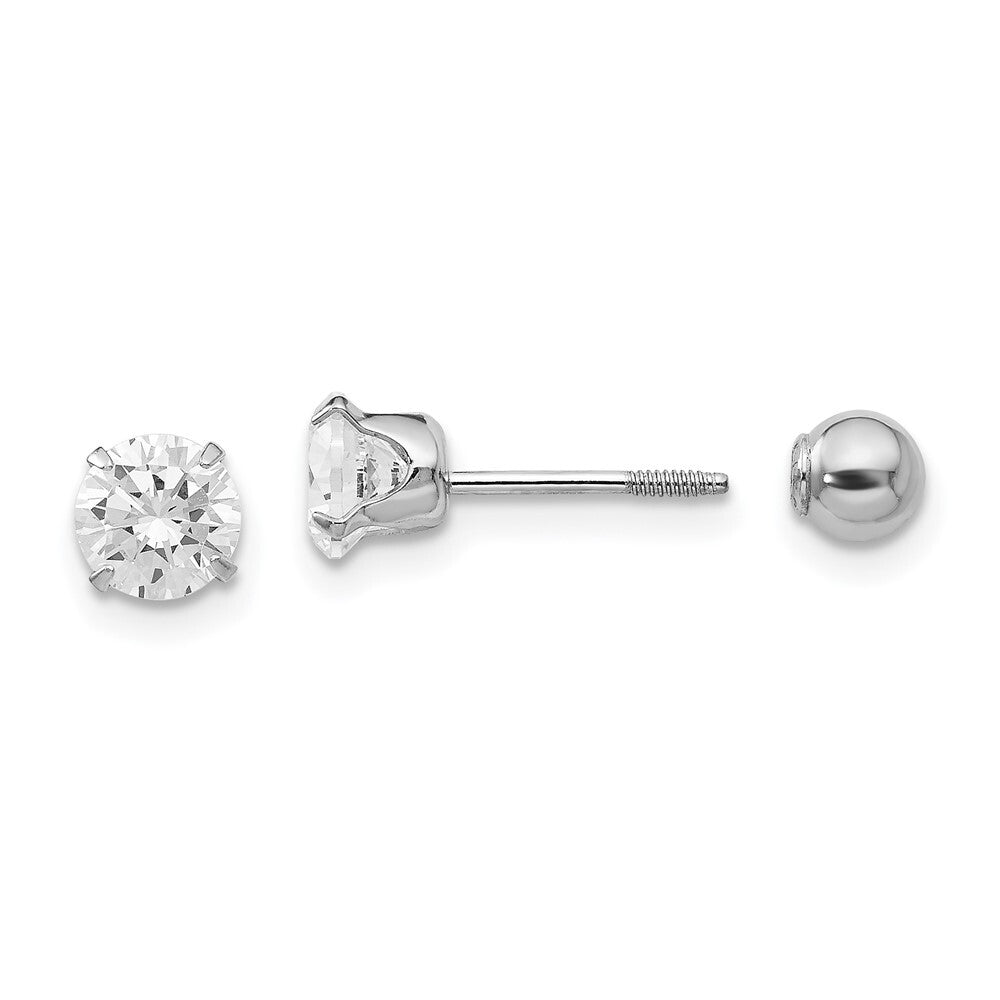 14k White Gold 5mm Cubic Zirconia and 4mm Ball Reversible Stud Earrings