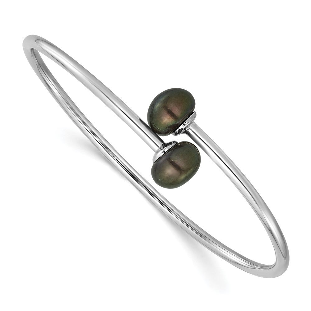 Sterling Silver 9-10mm Black Button Freshwater Cultured Pearl Flexible Bangle