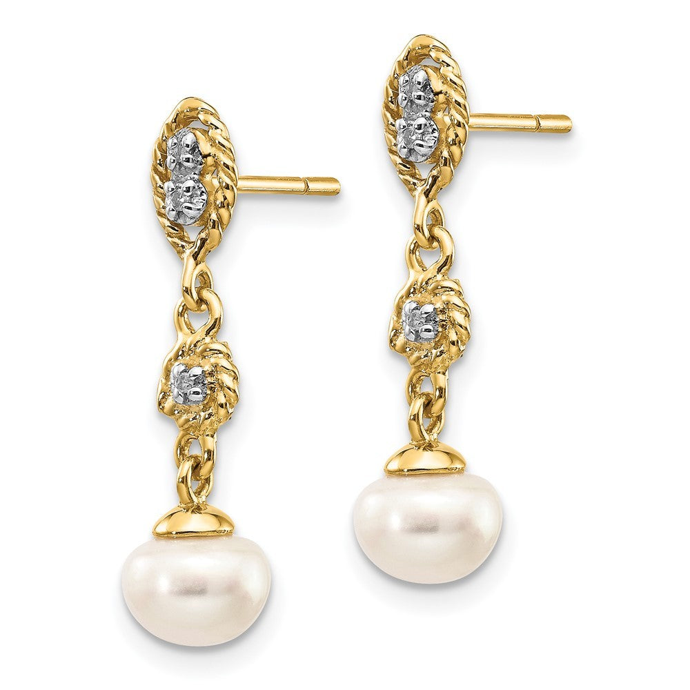 14k Yellow Gold w/Rhodium 6-7mm Semi-round FWC Pearl .02ct Diamond Earrings