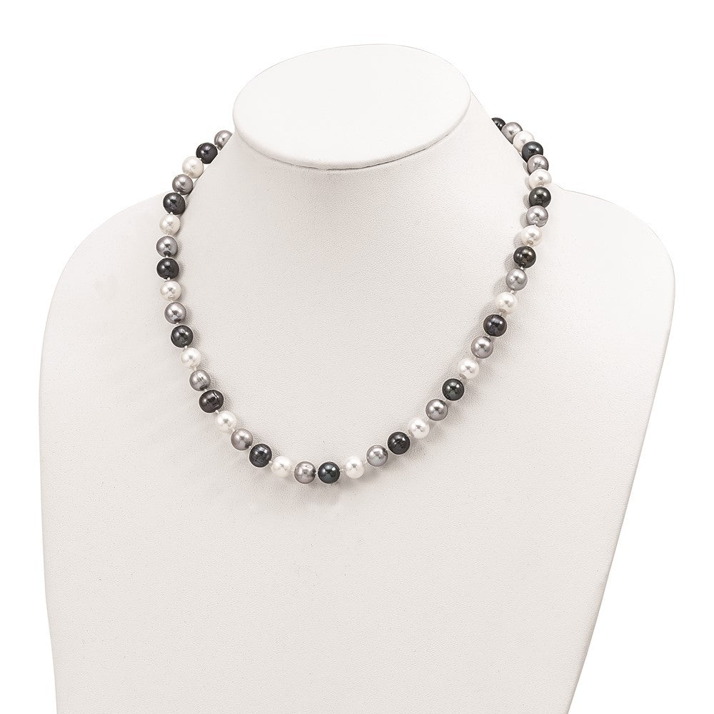Sterling Silver Rhodium-plated 8mm Black, Green & Cultured Pearl Necklace 18"