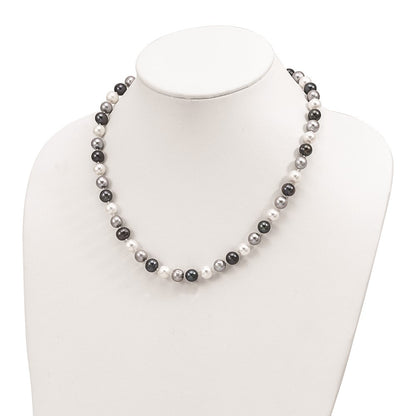 Sterling Silver Rhodium-plated 8mm Black, Green & Cultured Pearl Necklace 18"
