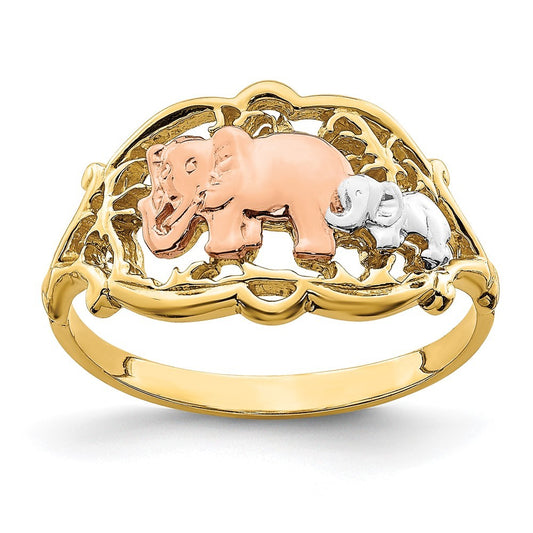 14K Two-tone Gold White RH Two Elephants Ring