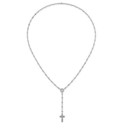 Sterling Silver Polished Cubic Zirconia Diamond-cut Cross Rosary Necklace 30.5"