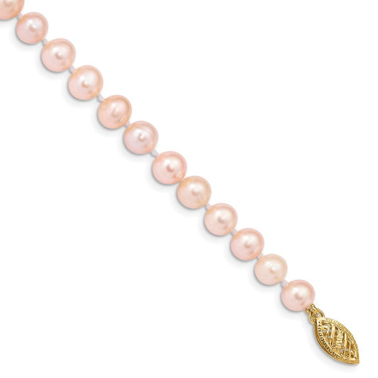 14k Yellow Gold 5-6mm Pink Near-Round Freshwater Cultured Pearl 7.5" Bracelet